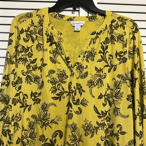 NWT Liz Claiborne Womenʻs Large Floral Mustard and Olive Top